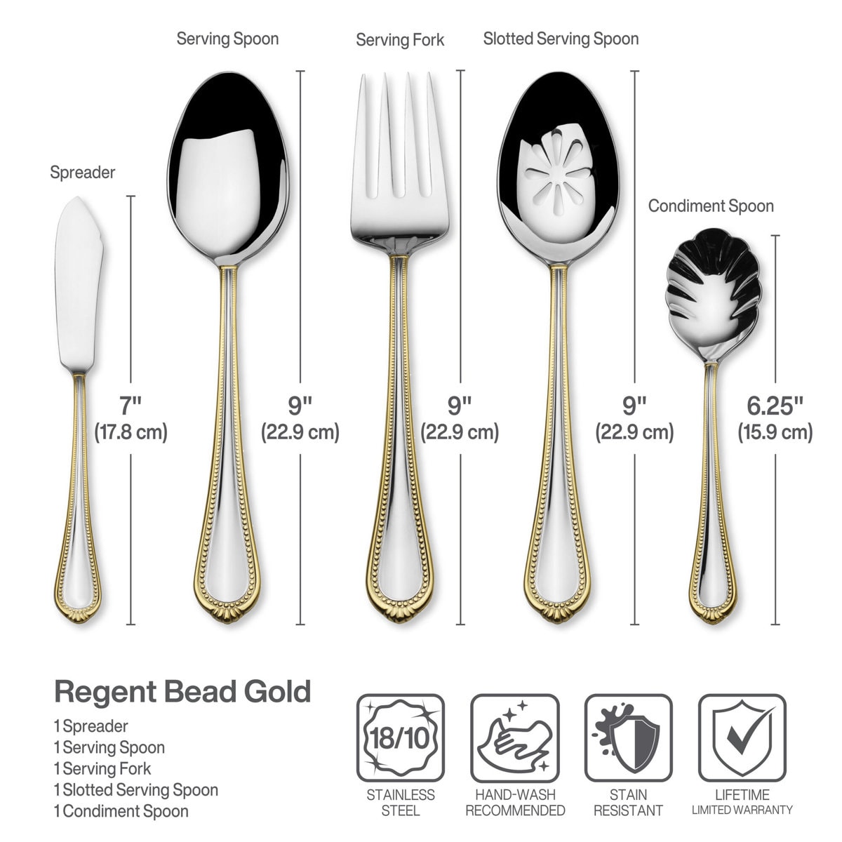 Mikasa Regent Bead Gold 65-Piece 18/10 Stainless Steel Flatware Set, Service for 12