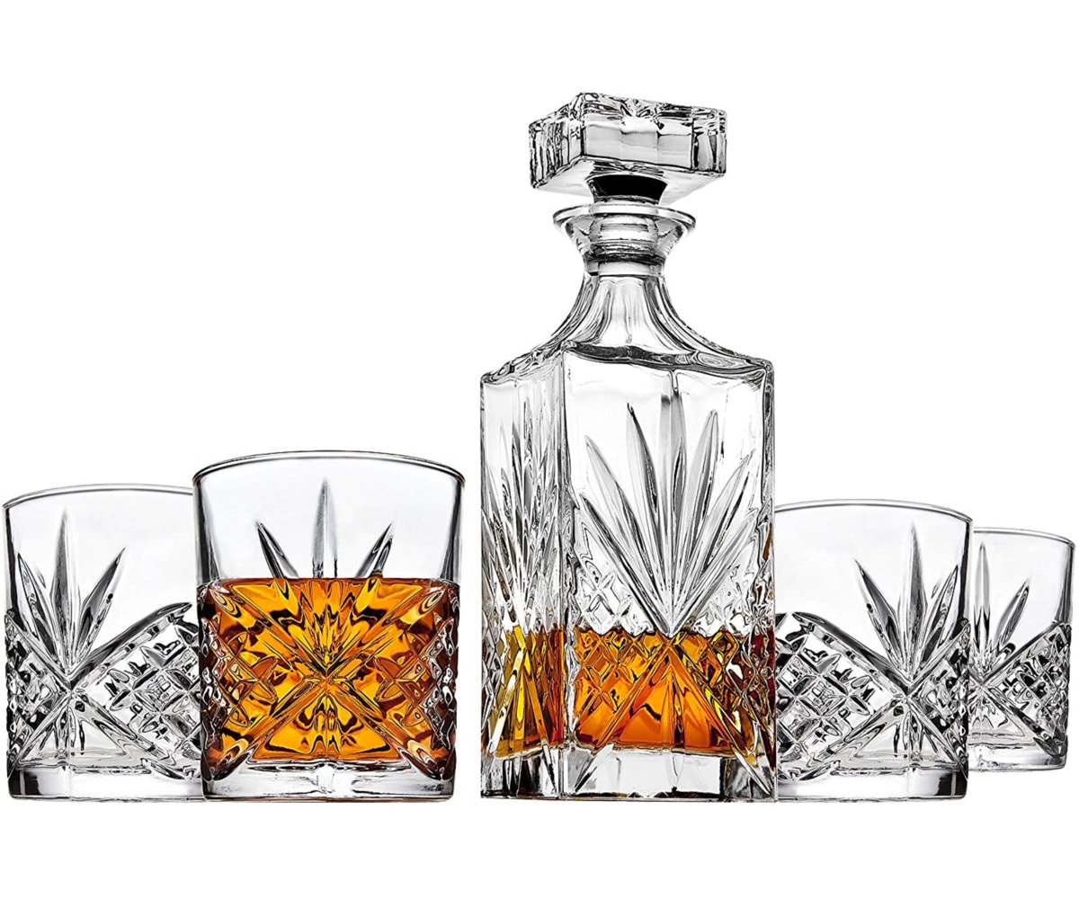 Dublin Crystal 5 Piece Whiskey Decanter 24oz & Whiskey Glass 11oz Set
