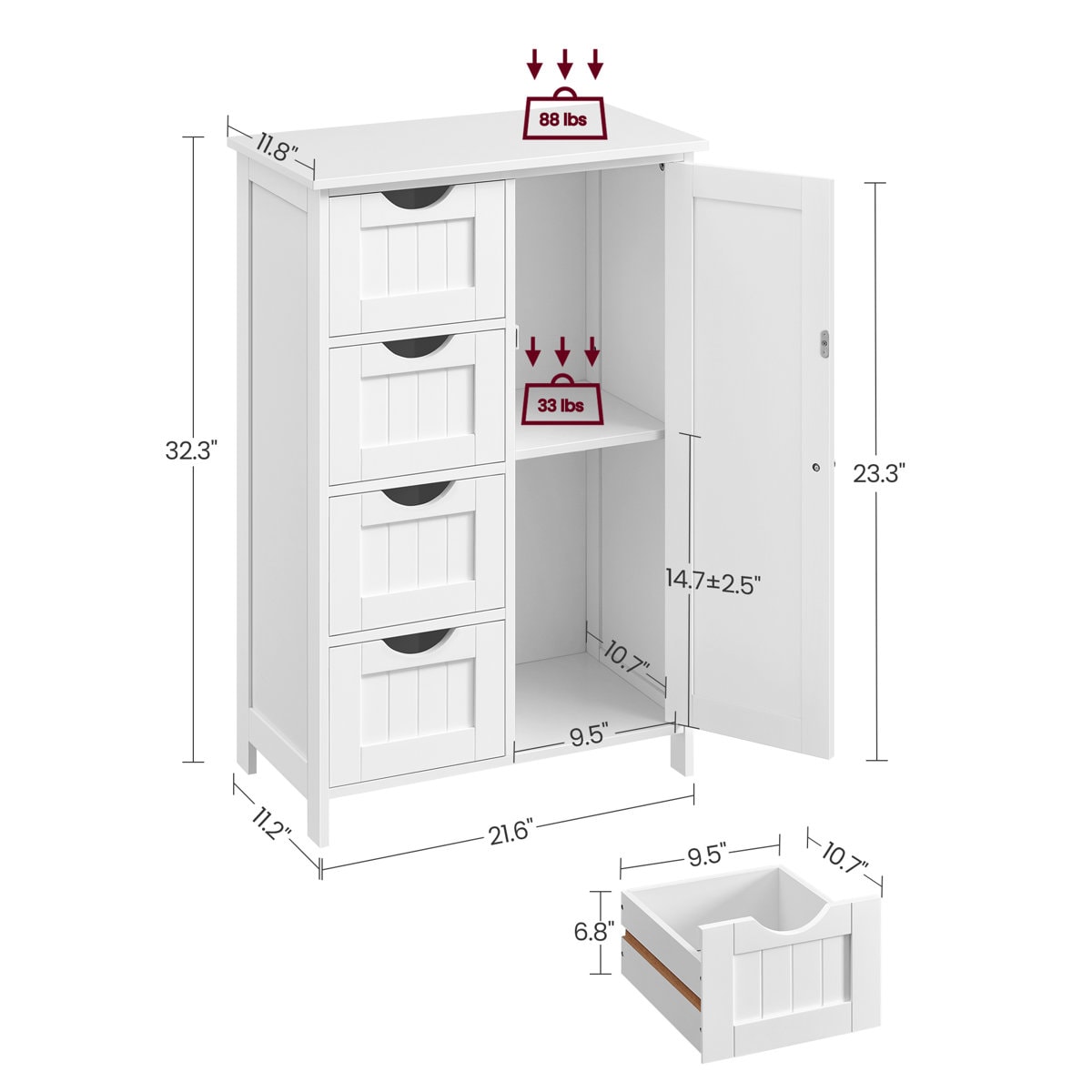 Manhattan Floor Storage Cabinet, Cabinet Freestanding, with 4 Drawers, Adjustable Shelf