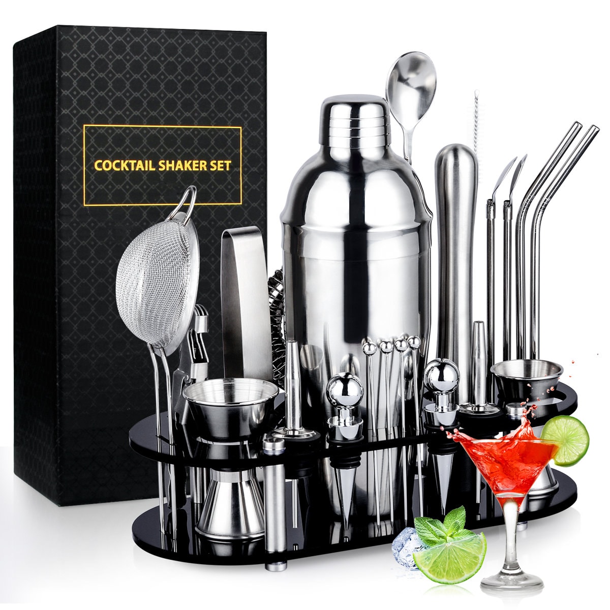 Suranne 25 Piece Stainless Steel Cocktail Shaker Bar Tool Set With Stand