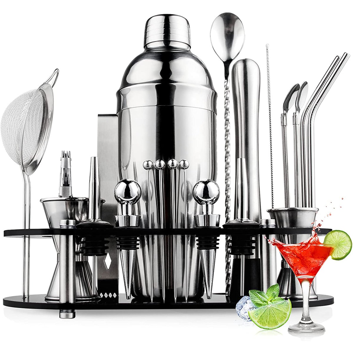 Suranne 25 Piece Stainless Steel Cocktail Shaker Bar Tool Set With Stand