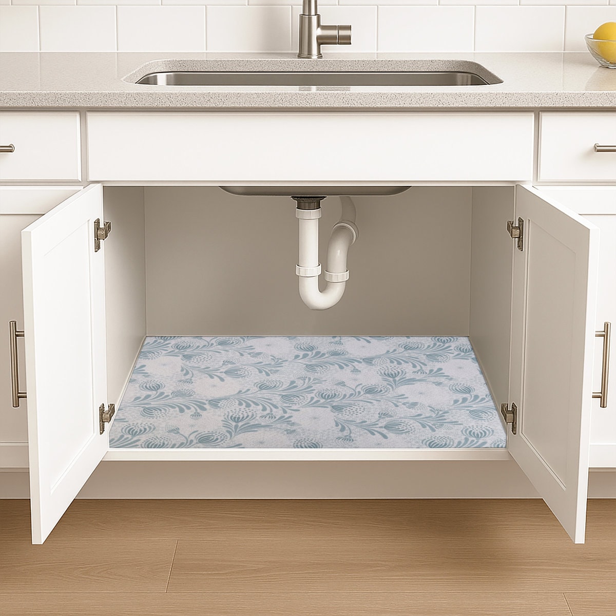 XL Under Sink Mat, Protective Cabinet Liner For Kitchen & Bathroom - Absorbent, Waterproof, Trimmable (24”x59”) (Light Blue Floral) (USA Made)