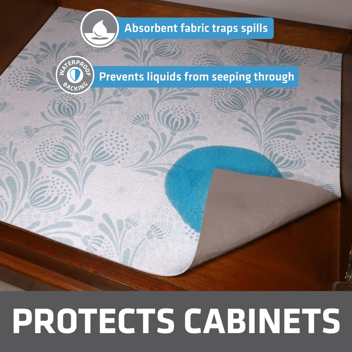 XL Under Sink Mat, Protective Cabinet Liner For Kitchen & Bathroom - Absorbent, Waterproof, Trimmable (24”x59”) (Light Blue Floral) (USA Made)