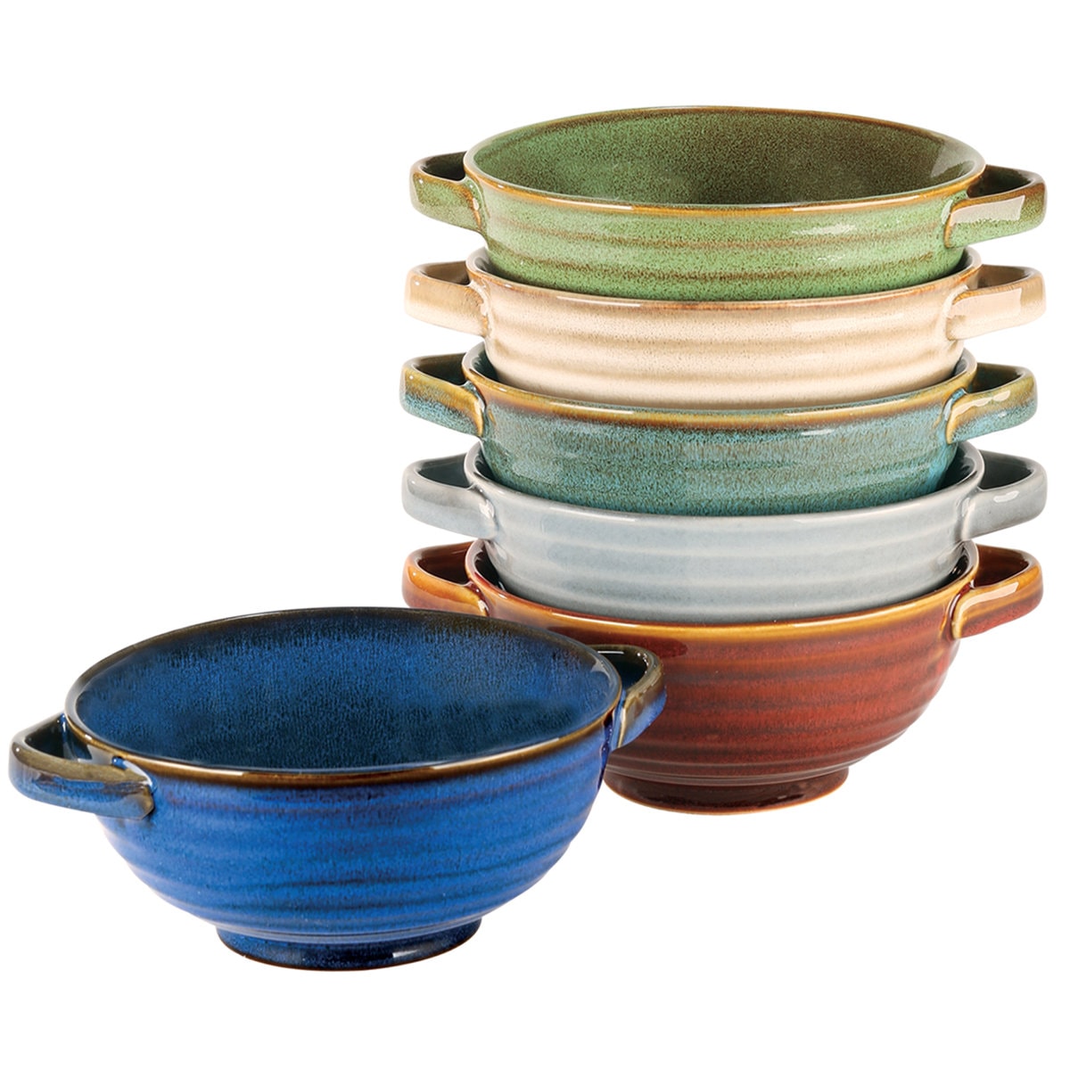 Artisan Stoneware Soup Crocks with Handles, Set of 6 – 20oz Colorful Reactive Glaze Bowls for Chili, Stew, Pasta & Casseroles – Microwave, Oven & Dishwasher Safe Dinnerware (Set of 6)