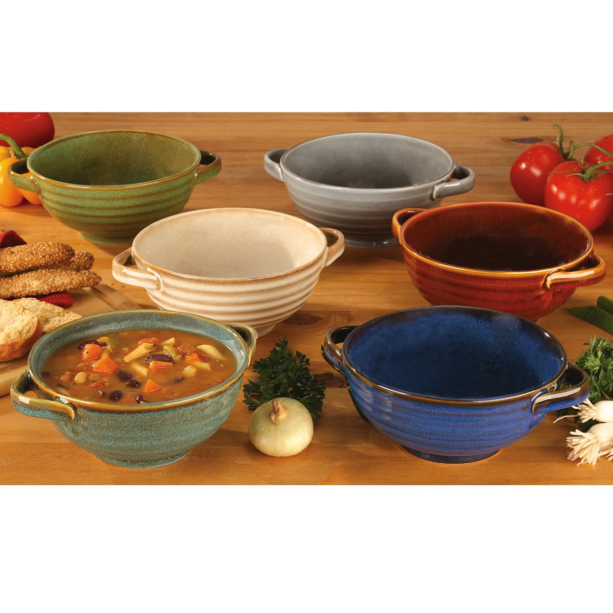 Artisan Stoneware Soup Crocks with Handles, Set of 6 – 20oz Colorful Reactive Glaze Bowls for Chili, Stew, Pasta & Casseroles – Microwave, Oven & Dishwasher Safe Dinnerware (Set of 6)