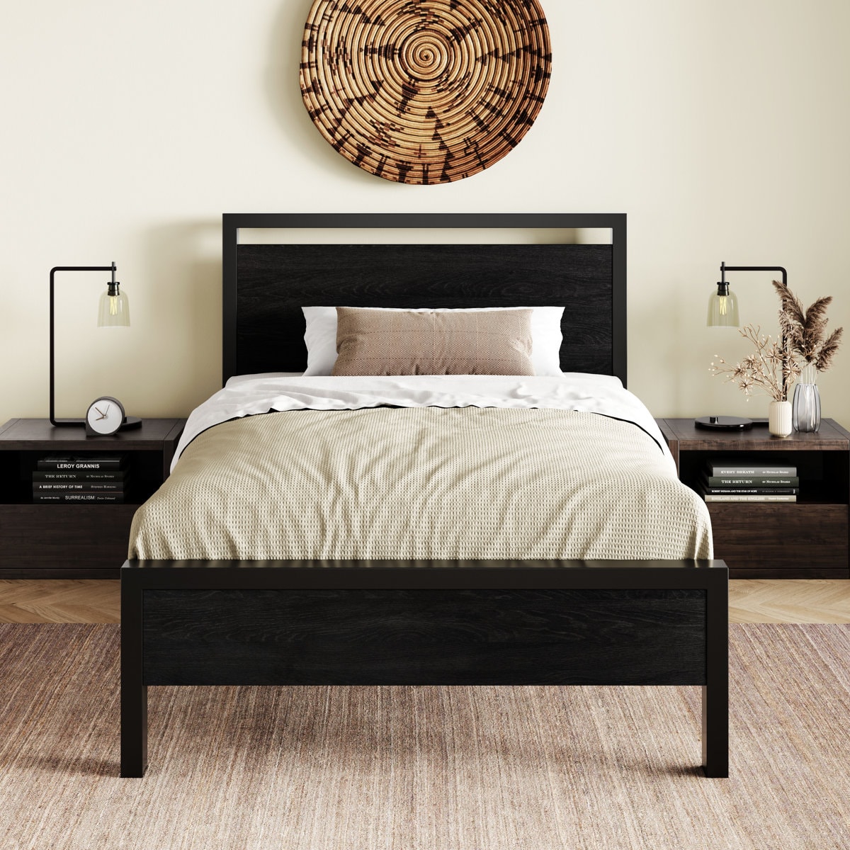 Metal Frame Platform Bed with Wood Headboard