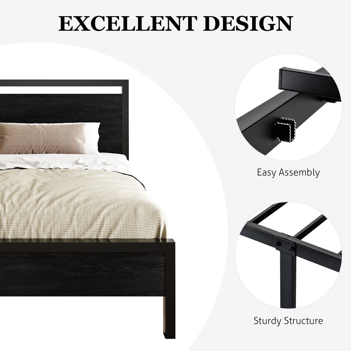 Metal Frame Platform Bed with Wood Headboard