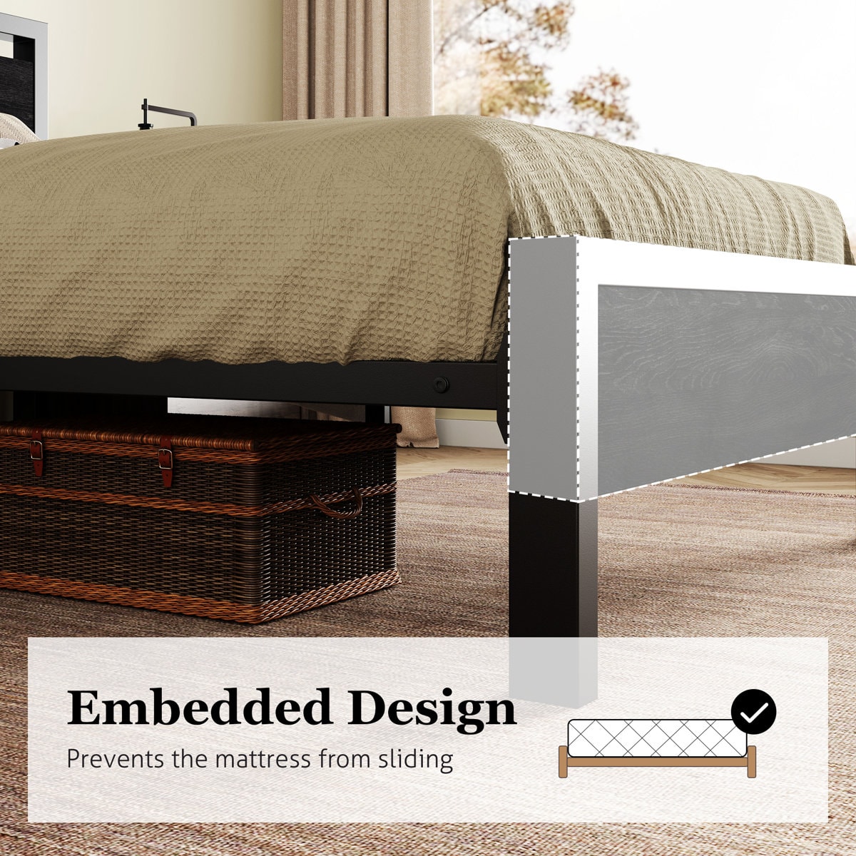 Metal Frame Platform Bed with Wood Headboard