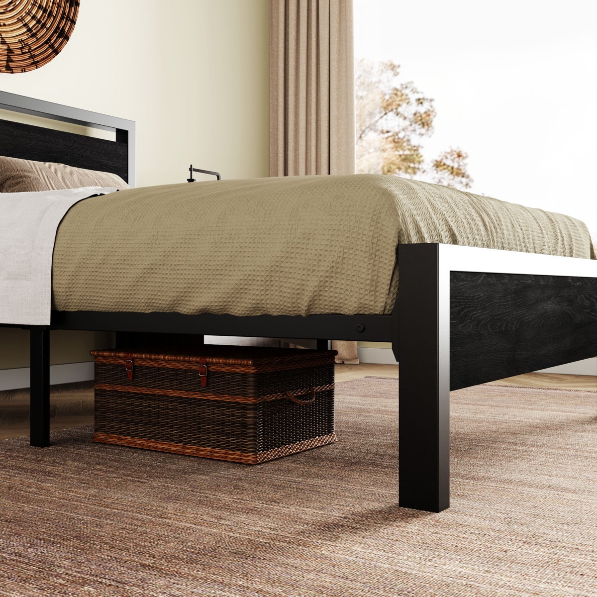 Metal Frame Platform Bed with Wood Headboard