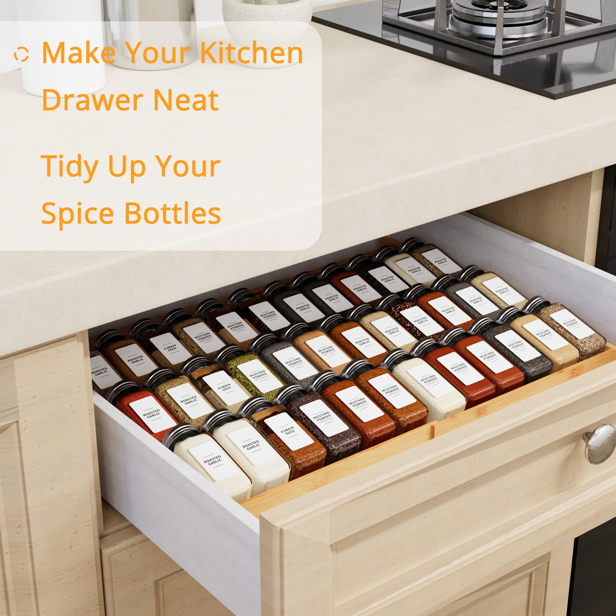 Bamboo Spice Drawer Organizer, Expandable 4-Tier Rack for Cabinet or Kitchen Seasoning Storage (Fits 3" Deep Drawers, 12"–23" Wide, Jars Not Included)