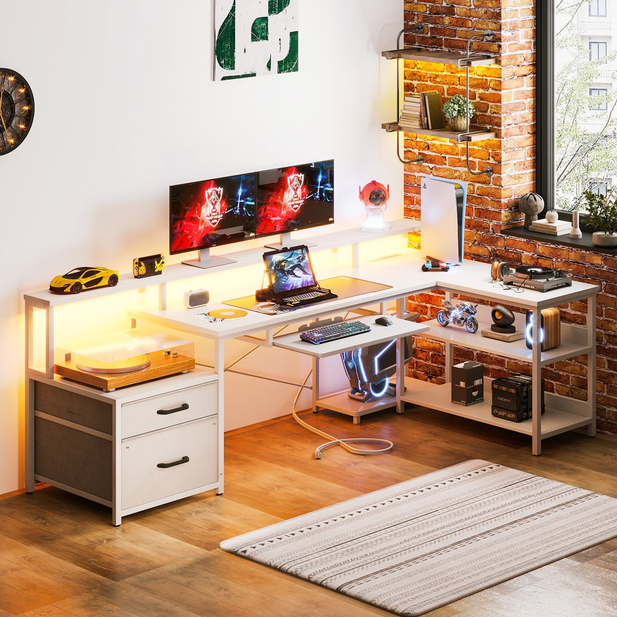 Sholpan LED L-Shaped Desk with Cabinet with Power Outlets