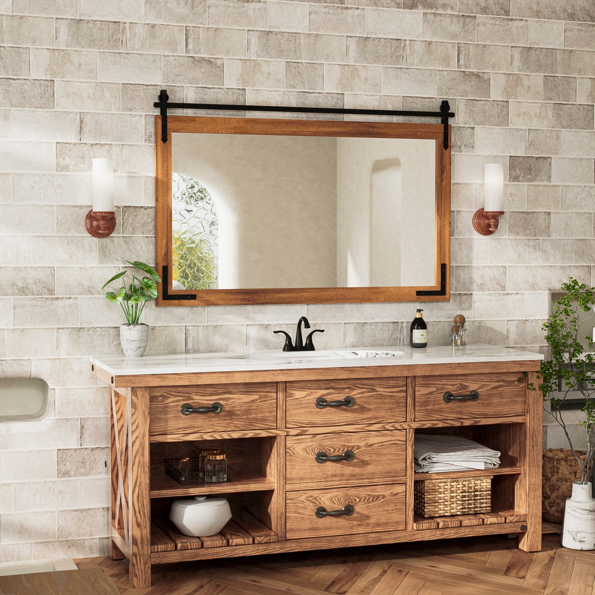 Brunilda Rustic Farmhouse Solid Wood Frame Accent Mirror Decorative Mirror