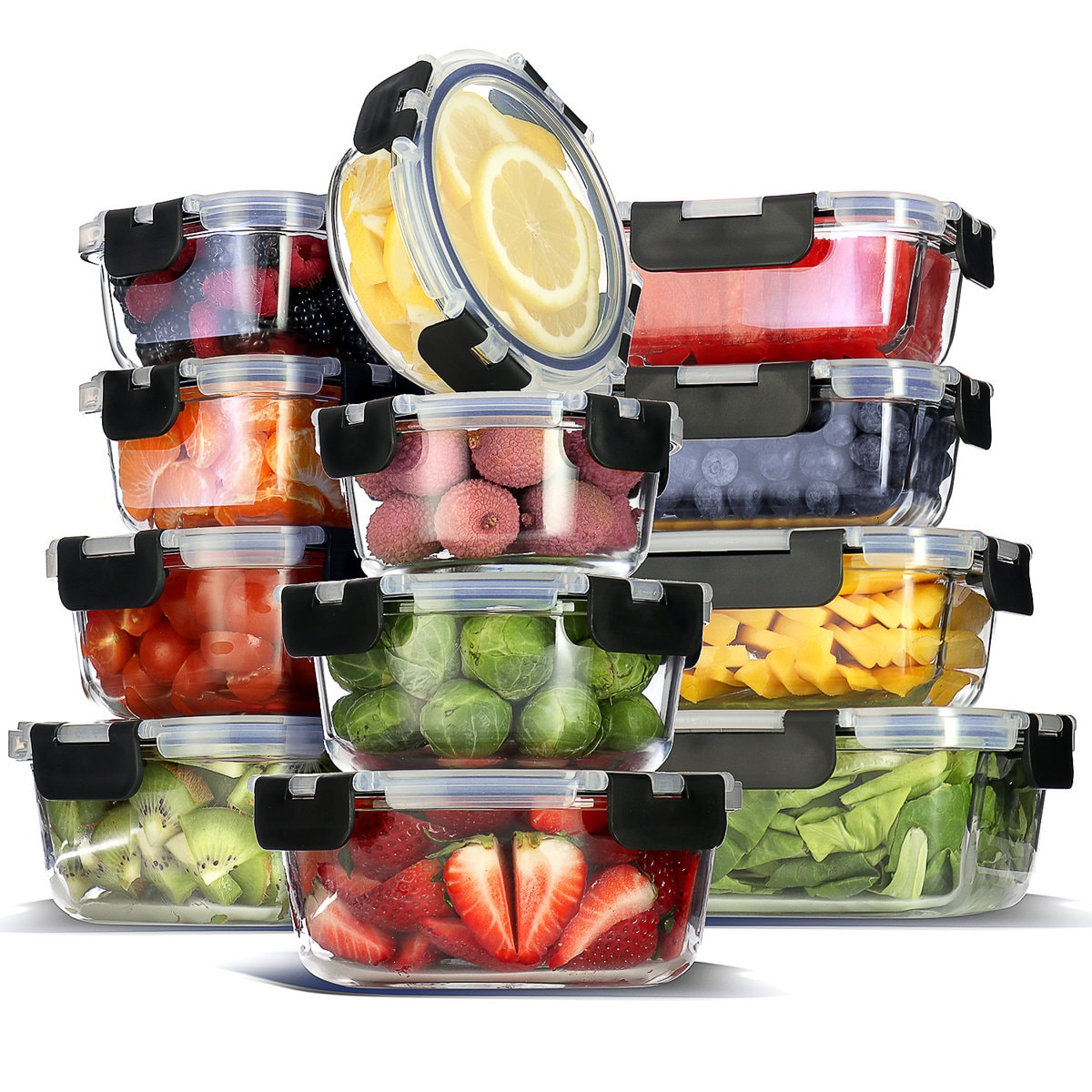 Ivy Bronx Glass Food Storage Containers with Lids (Set of 12)