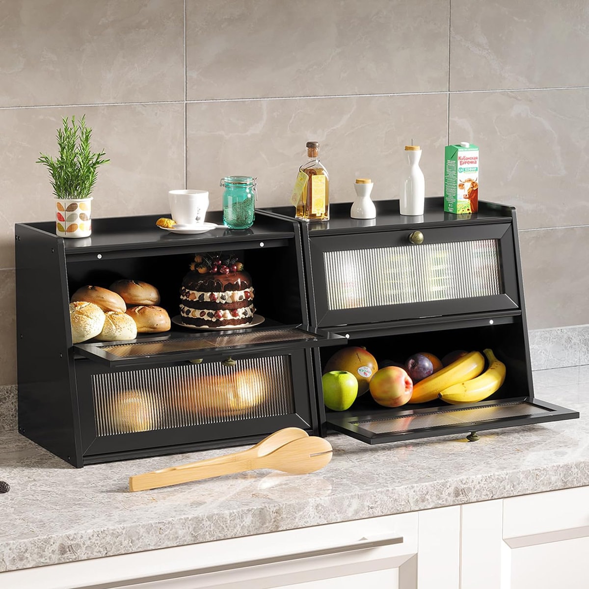 Bread Box Double Layer Large Food Storage Bin Bamboo Farmhouse Breadbox Organizer