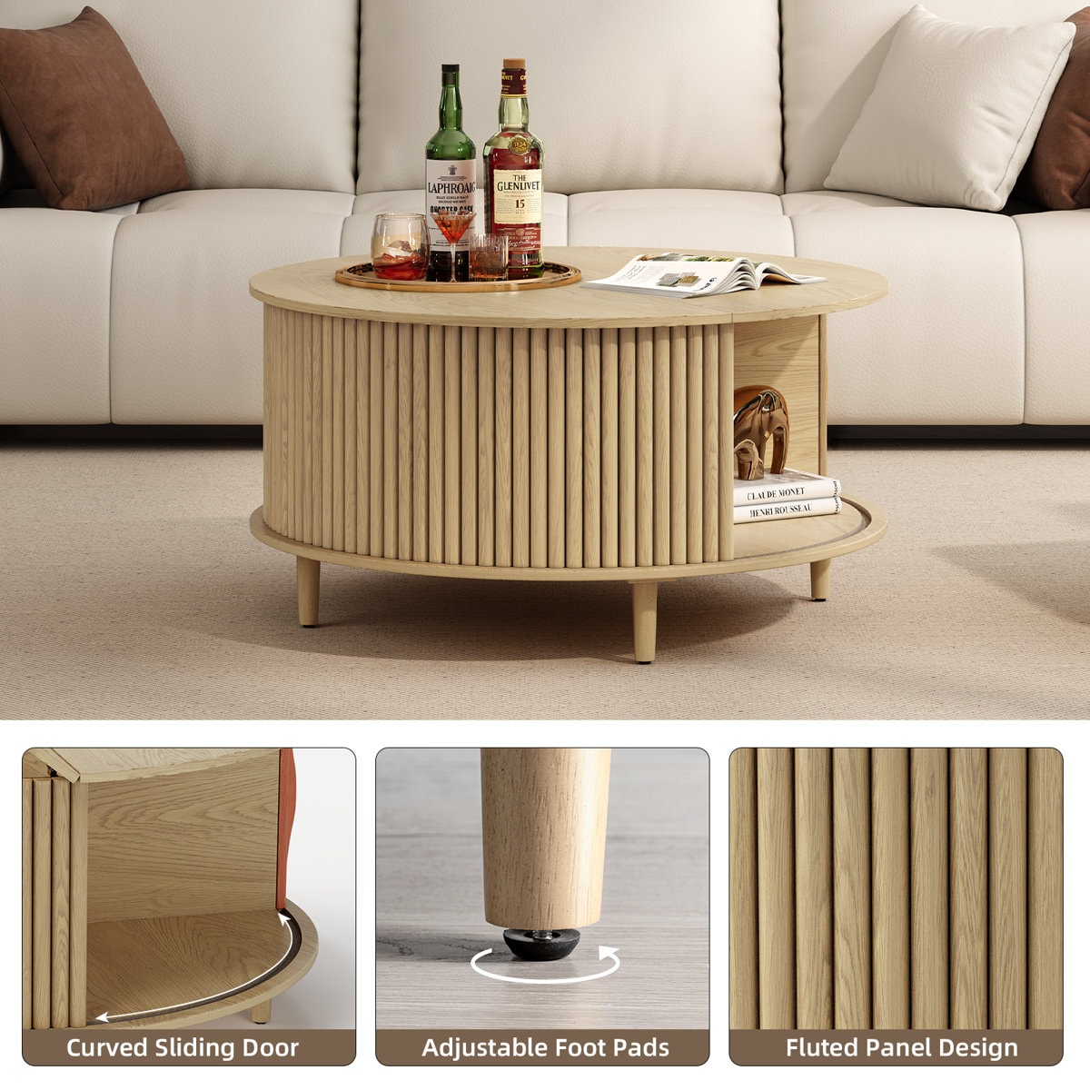 Mid Century Modern Round Coffee Table With Storage