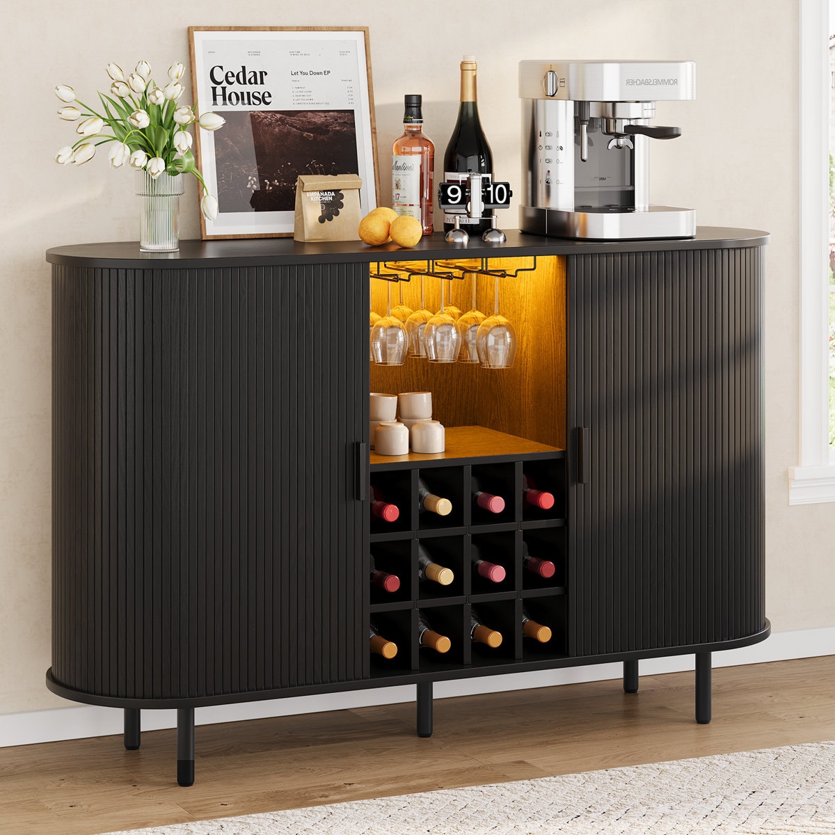 54.6'' Modern Bar Cabinet With Adjustable Shelves & RGB Lights, Wine Cabinet With Wine Glass Holder & Wine Rack