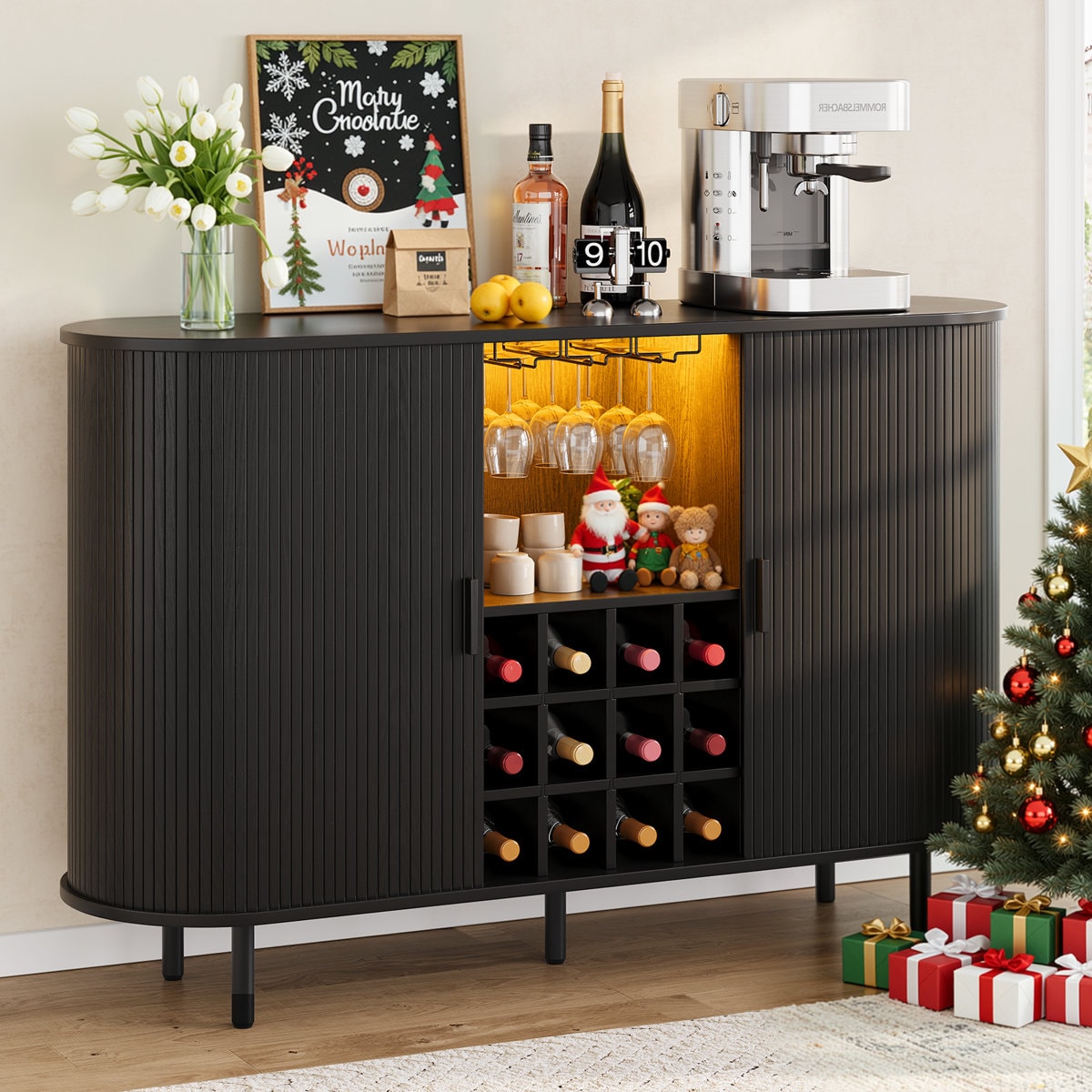 54.6'' Modern Bar Cabinet With Adjustable Shelves & RGB Lights, Wine Cabinet With Wine Glass Holder & Wine Rack