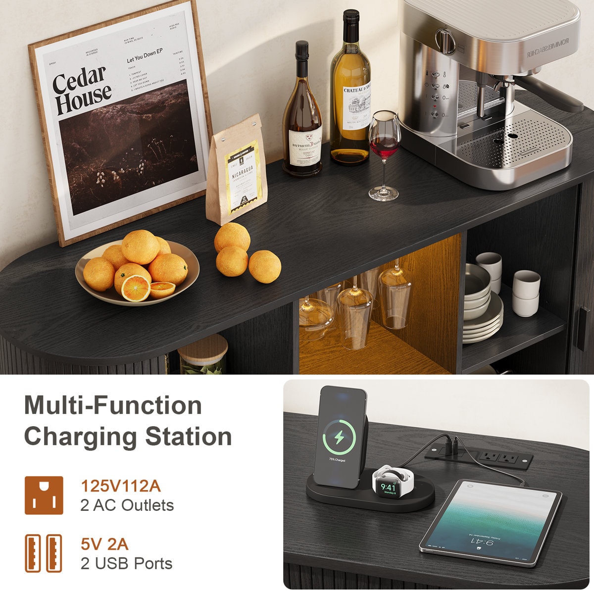 54.6'' Modern Bar Cabinet With Adjustable Shelves & RGB Lights, Wine Cabinet With Wine Glass Holder & Wine Rack