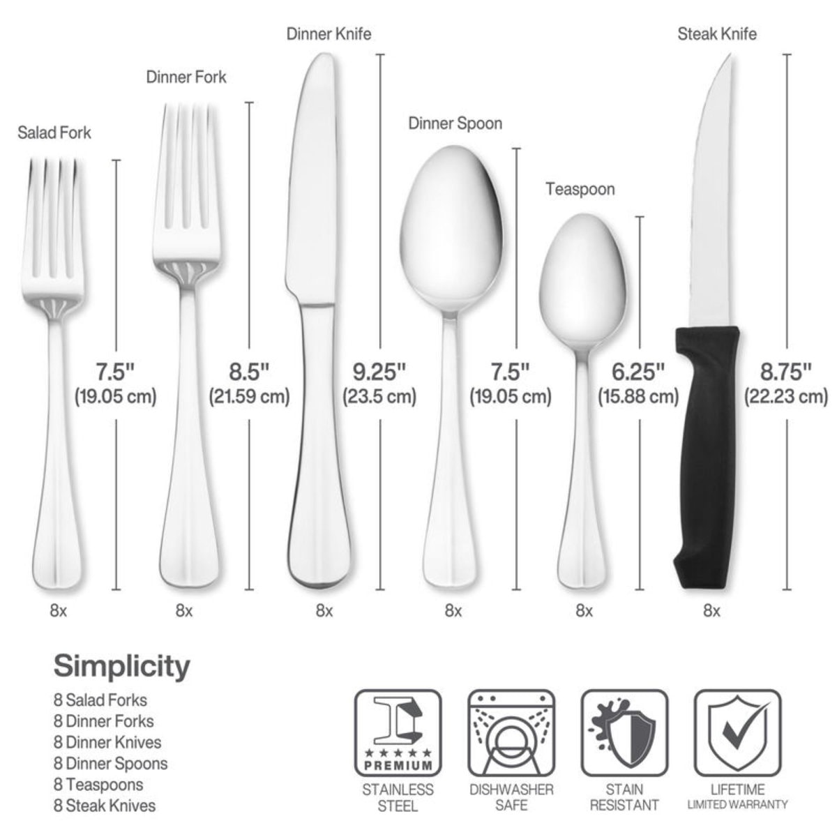 Pfaltzgraff Everyday Simplicity 53-Piece Stainless Steel Flatware Set with Steak Knives & Hostess Set, Service for 8