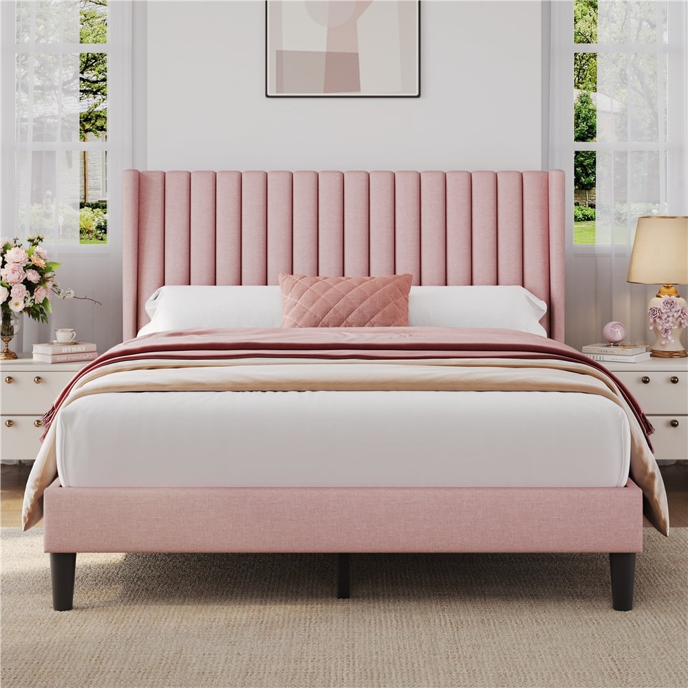 Multi-sized Upholstered Bed Frame with Channel Tufted Headboard