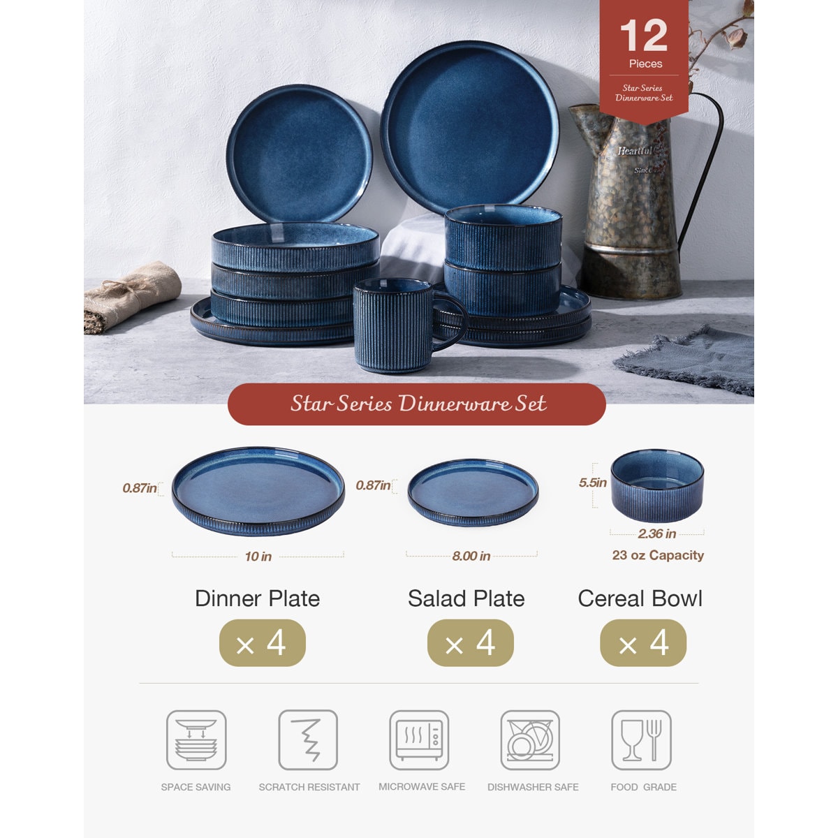 Azal Stoneware Dinnerware Sets, 12 Piece Dish Set