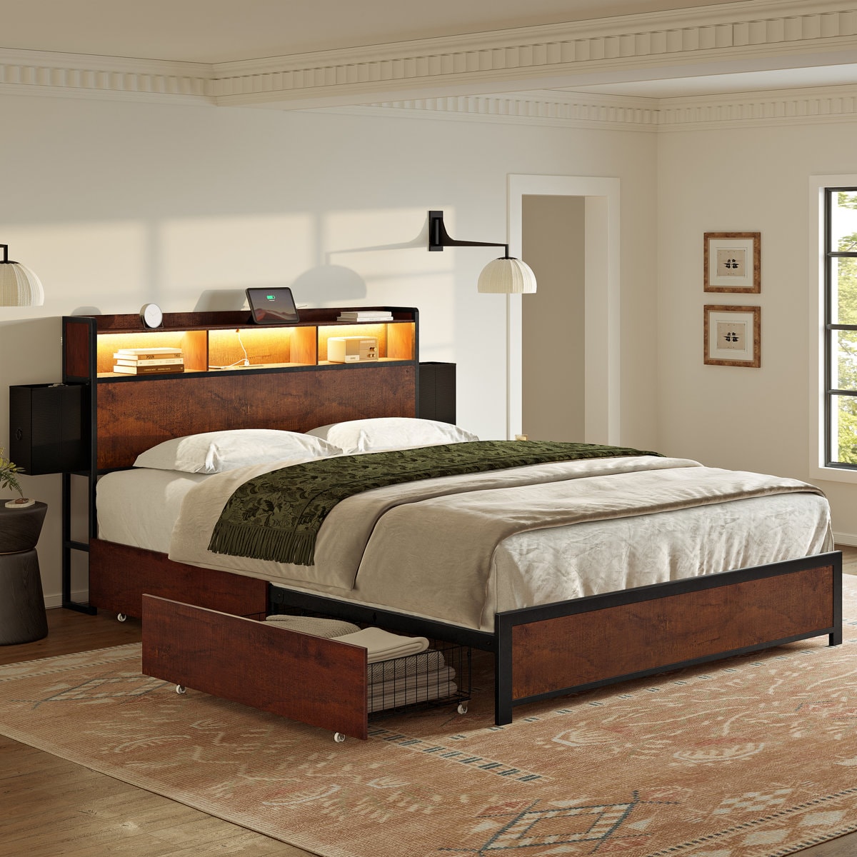 Antioch Full Bed Frame with 2 Underbed Drawers, Modern Platform Bed with Charging Station & LED Light, Storage Headboard with 2 Bedside Drawers & Open Bookcase Shelves, Walnut Brown