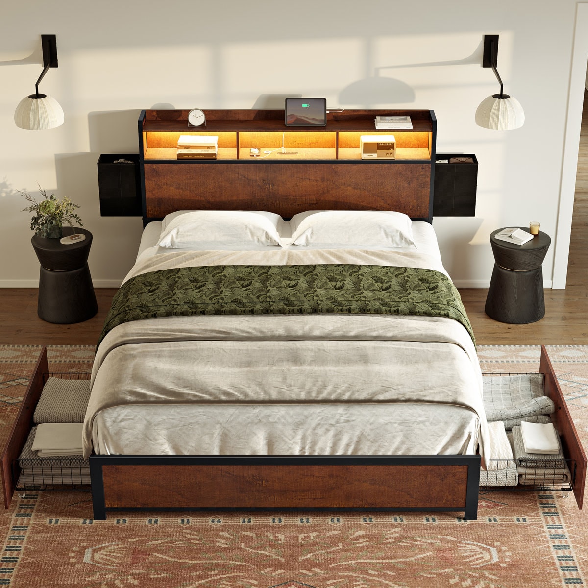 Antioch Full Bed Frame with 2 Underbed Drawers, Modern Platform Bed with Charging Station & LED Light, Storage Headboard with 2 Bedside Drawers & Open Bookcase Shelves, Walnut Brown