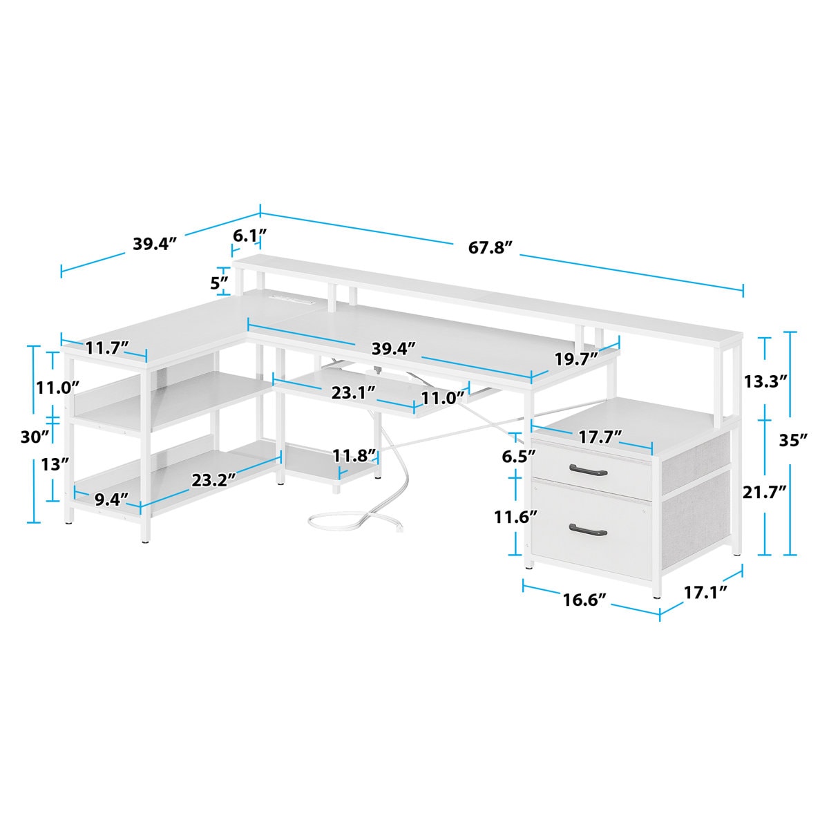 Sholpan LED L-Shaped Desk with Cabinet with Power Outlets