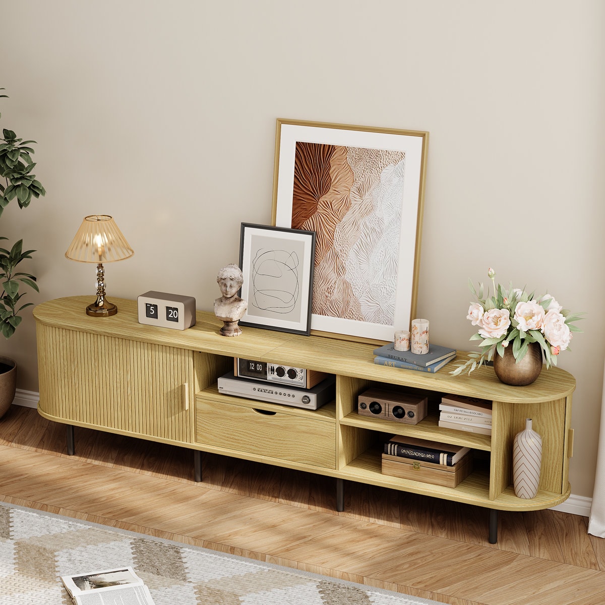 Tv Stand With Storage And Shelves Designed To Fit 55’’ - 80’’ Tvs. Wood Entertainment Center For Living Room And Bedroom, Media Console And Modern Tv Console Table